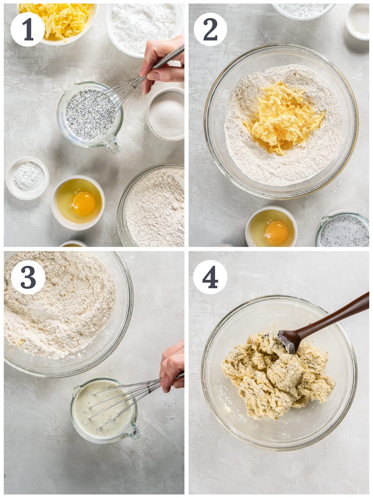 photo collage demonstrating how to make dough for lemon poppy seed scones in a mixing bowl.
