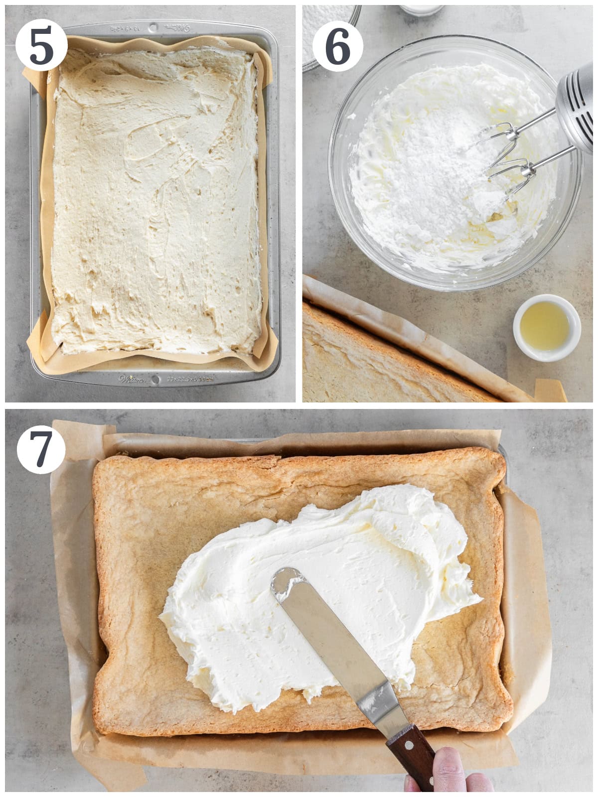 photo collage demonstrating how to make lemon sugar cookie bars in a 9x13 pan and lemon frosting in a mixing bowl.
