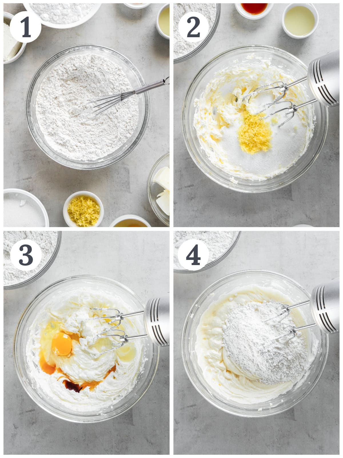 photo collage demonstrating how to make dough for lemon sugar cookie bars in a mixing bowl with an electric hand mixer.