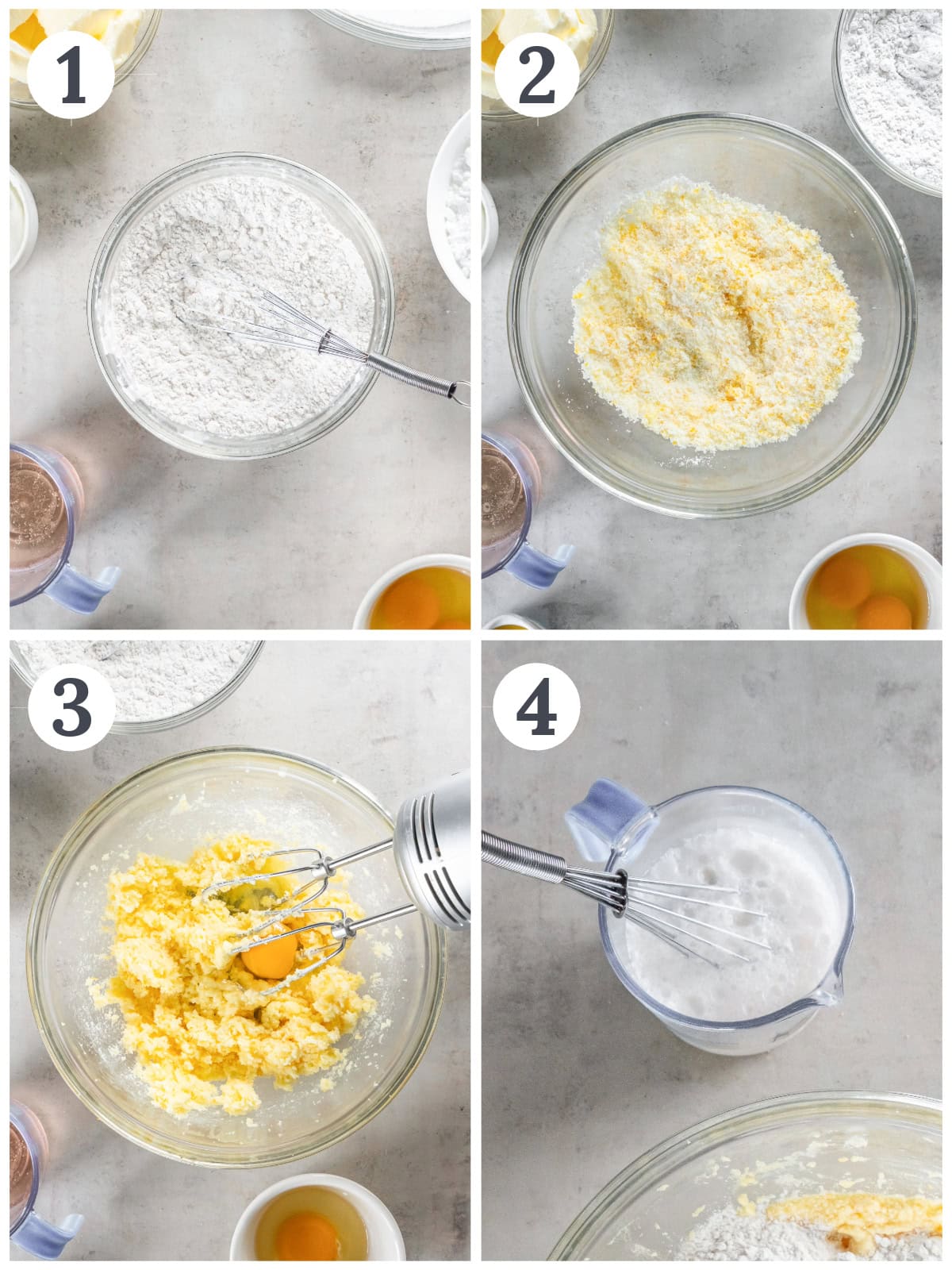 photo collage demonstrating how to make mimosa cupcakes in a mixing bowl with a hand mixer.