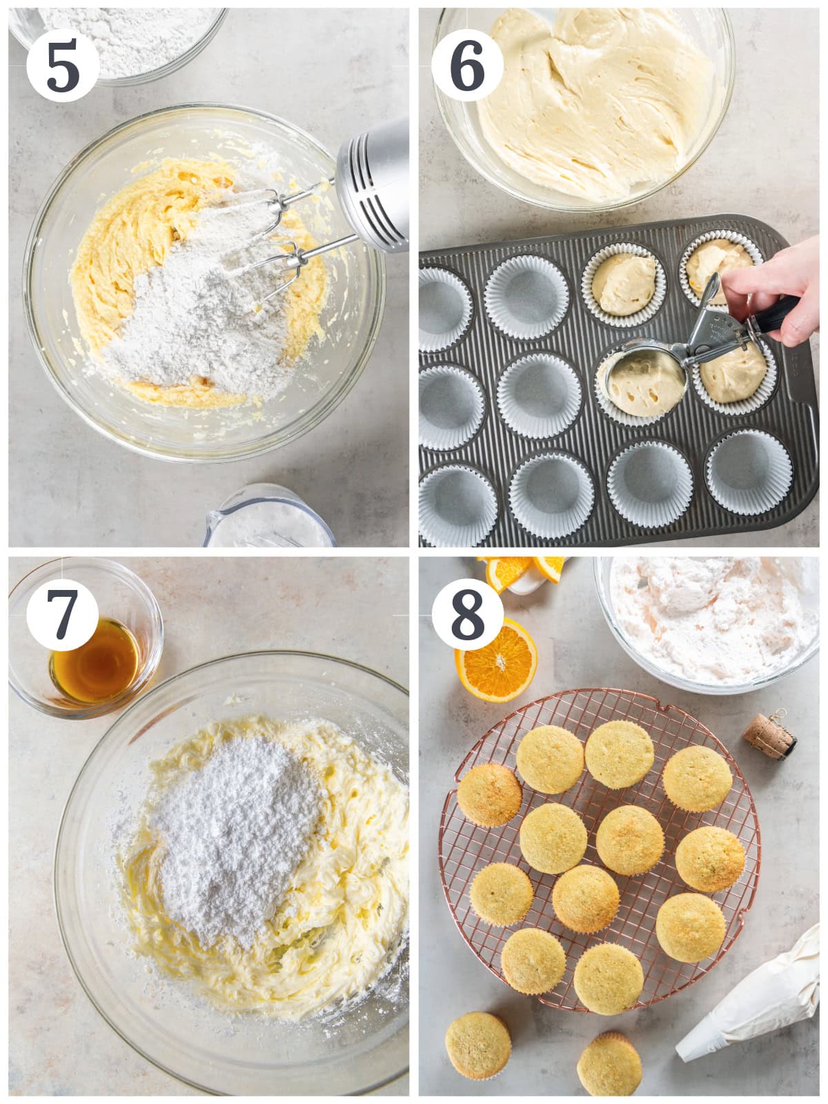 photo collage demonstrating how to make mimosa cupcakes in a muffin tin and champagne frosting in a mixing bowl.