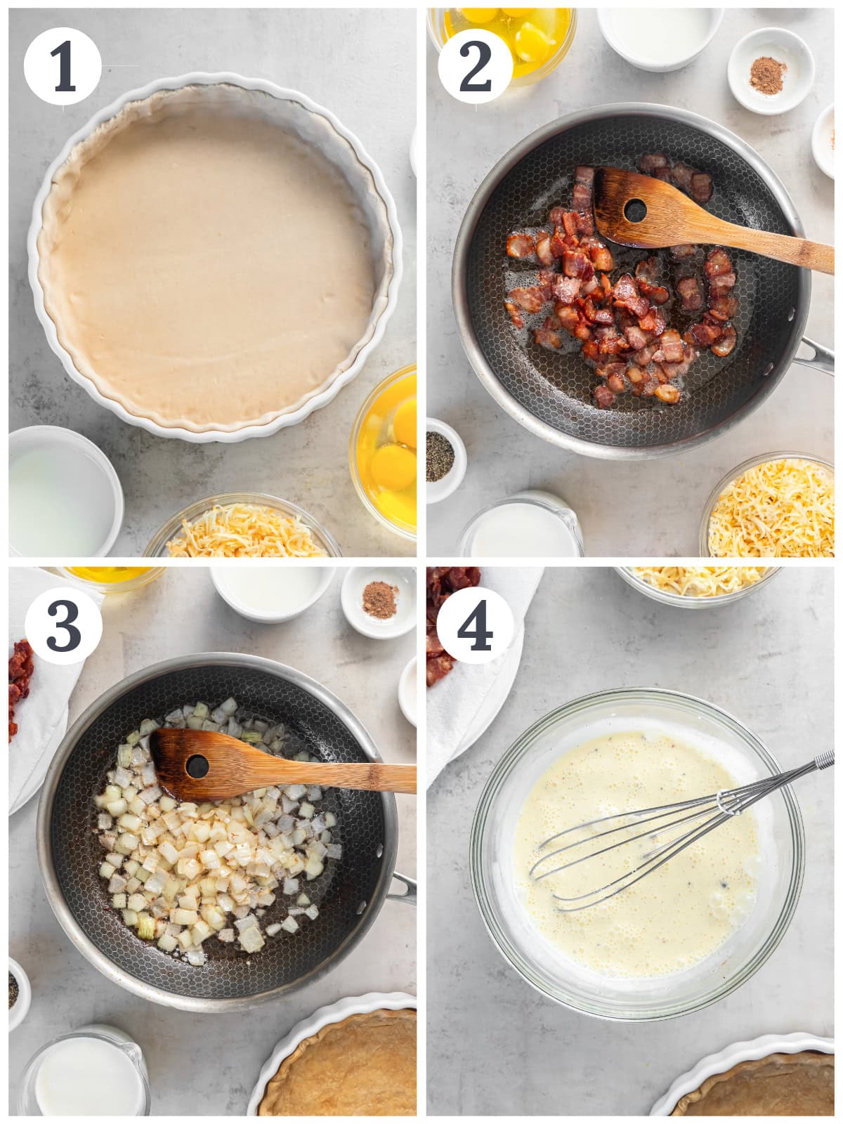 photo collage demonstrating how to prepare pie crust for quiche and make cook lardons (bacon) and onions in a skillet for quiche lorraine filling.