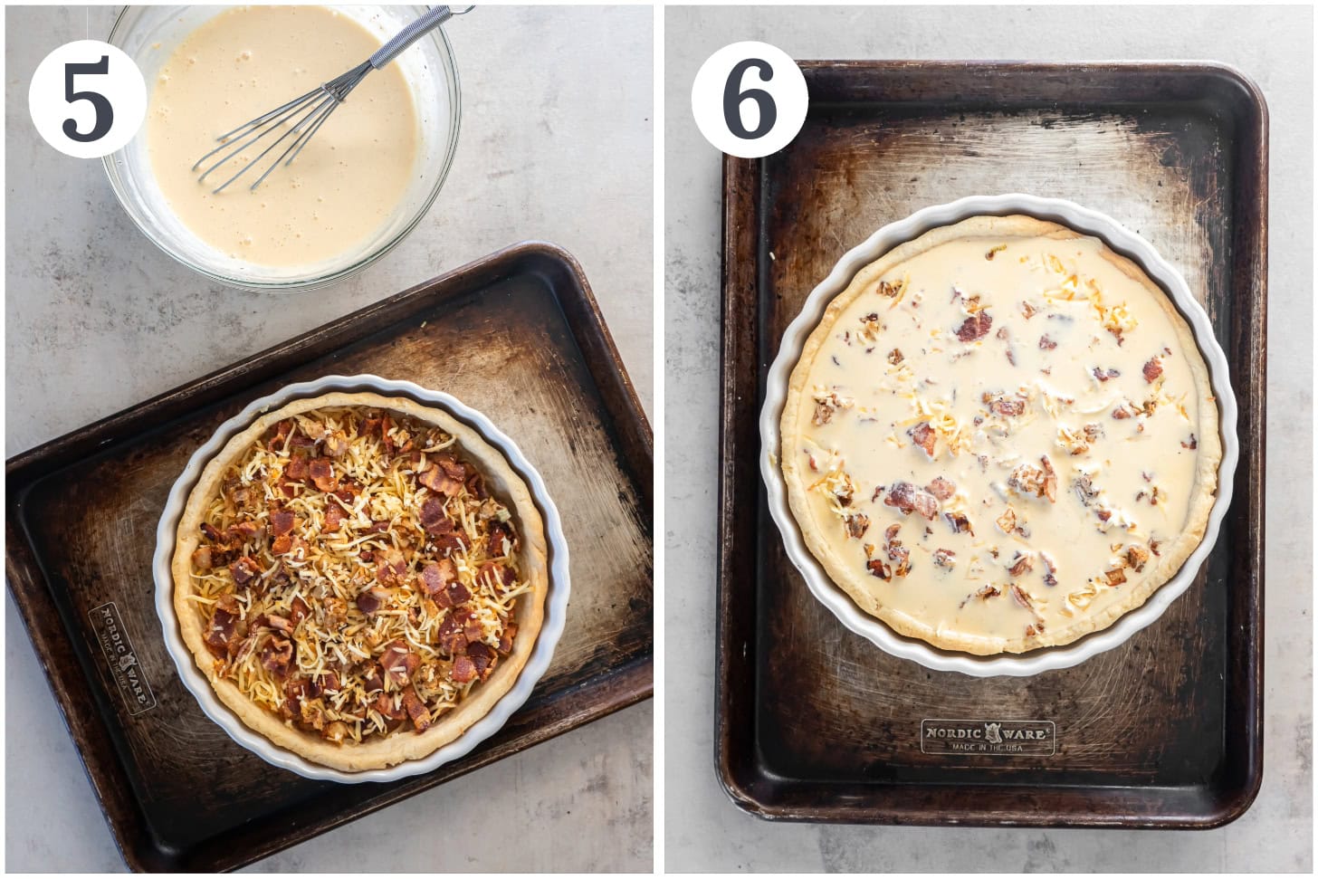 photo collage demonstrating how to fill partially baked pie crust with quiche filling.