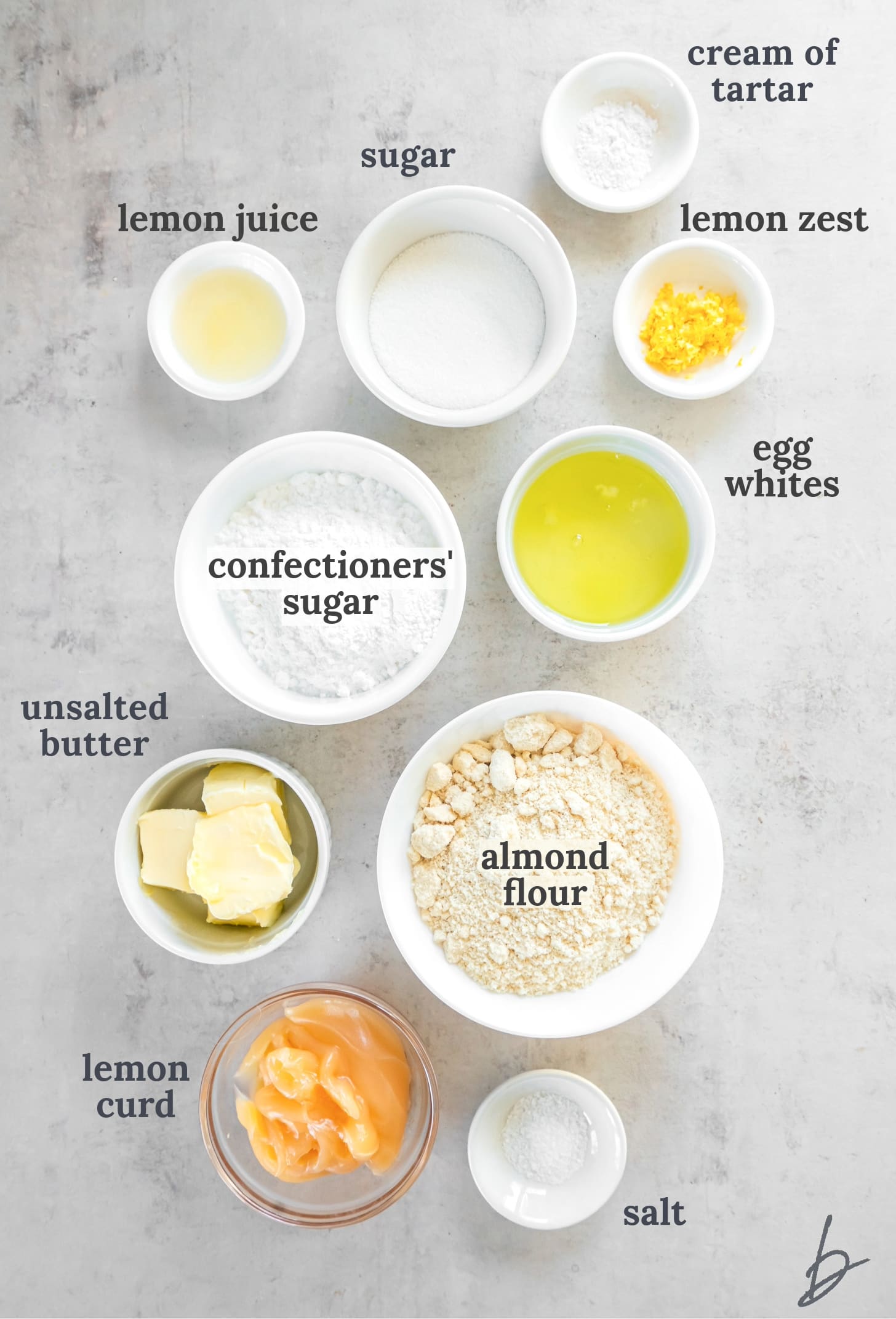 bowls of ingredients to make lemon macarons.