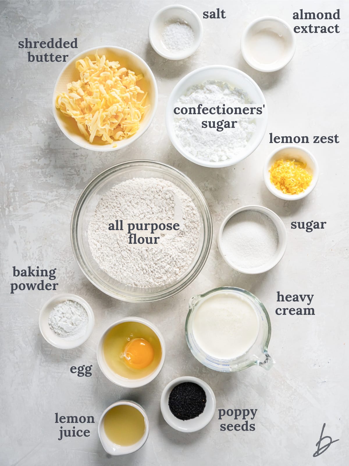 bowls of ingredients to make lemon poppy seed scones.