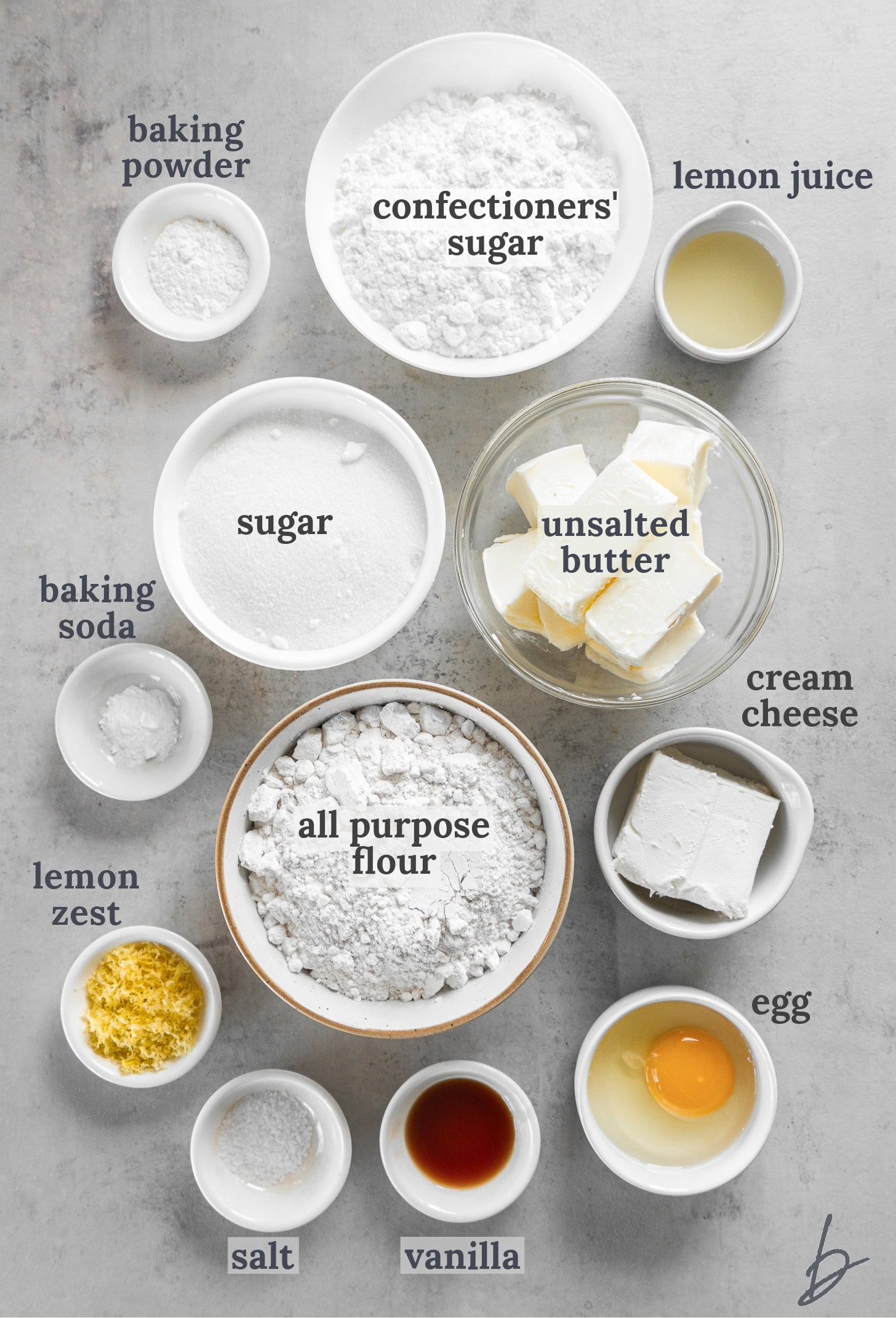 bowls of ingredients to make lemon sugar cookie bars.