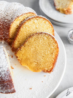 slices of kentucky butter cake leaning against each other on white plate.
