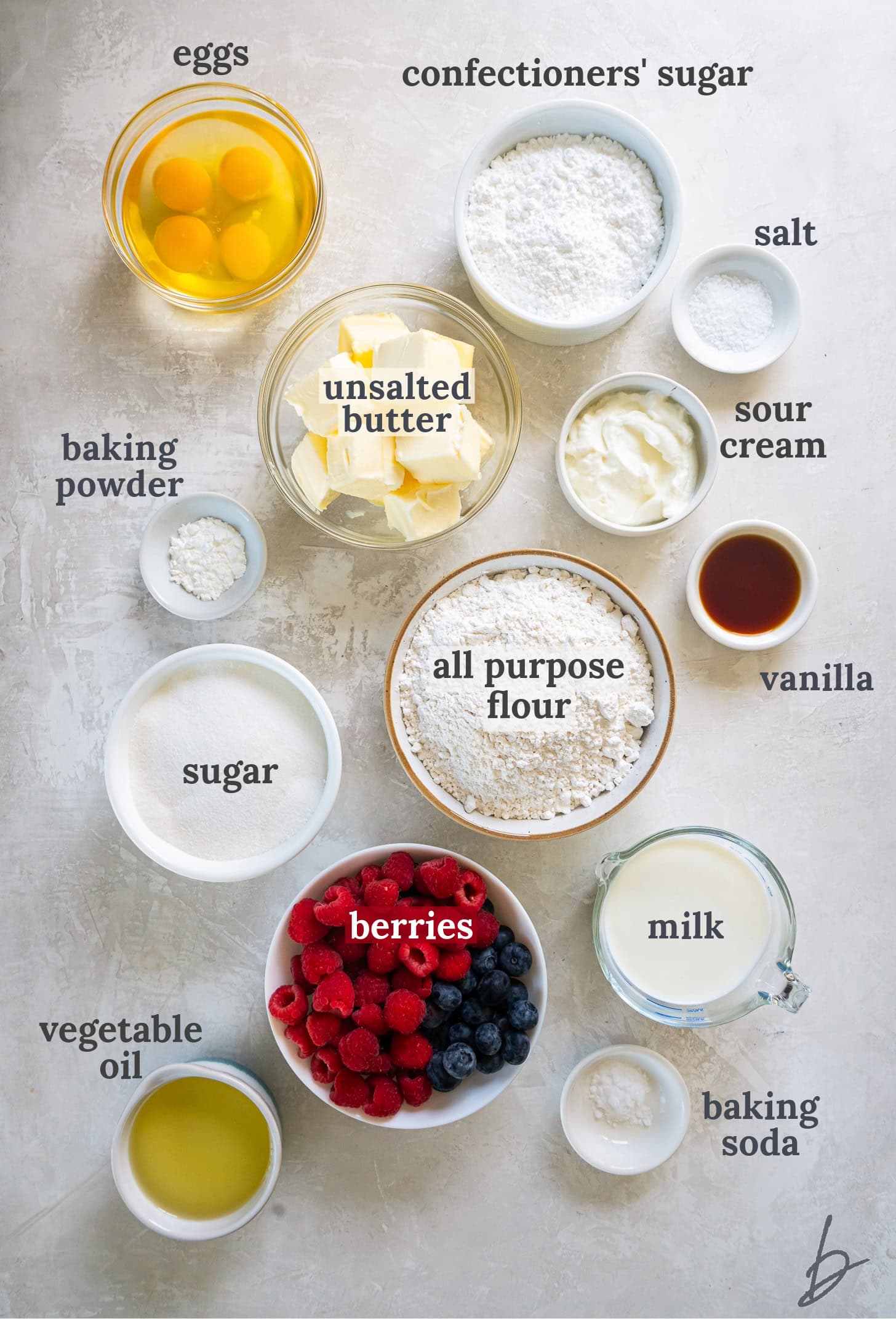 bowls of ingredients to make american flag cake.