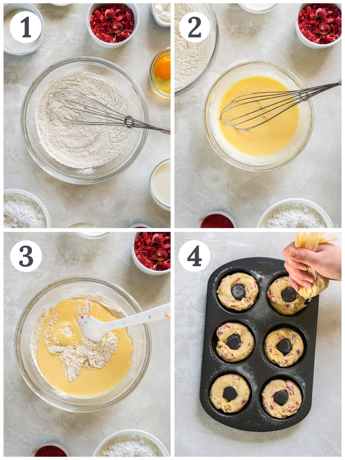 photo collage demonstrating how to make baked strawberry donuts in a mixing bowl and donut pan.