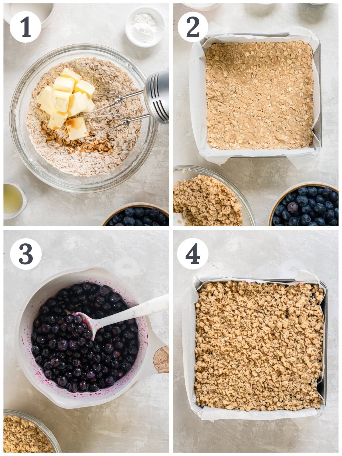photo collage demonstrating how to make blueberry crumble bars in an 8x8 pan and saucepan for the berry filling.