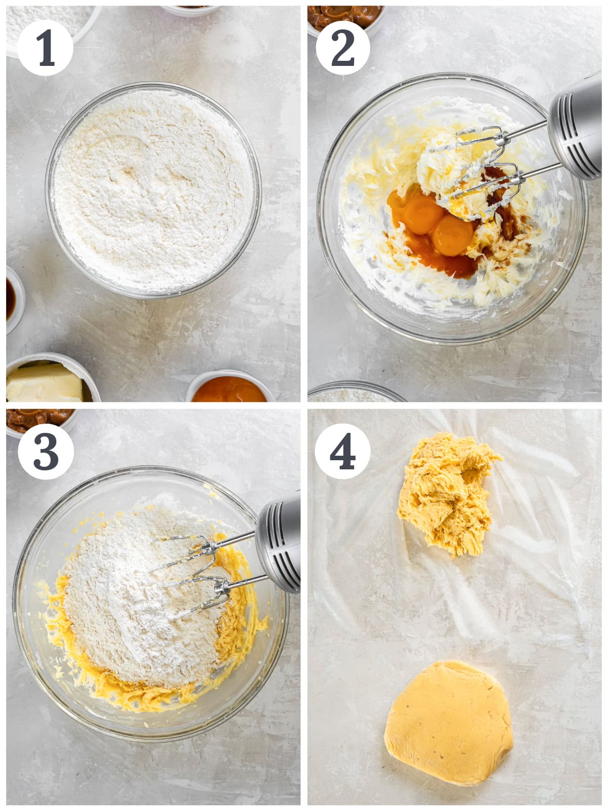 photo collage demonstrating how to make shortbread cookie dough in a mixing bowl for dulce de leche cookie sandwiches.