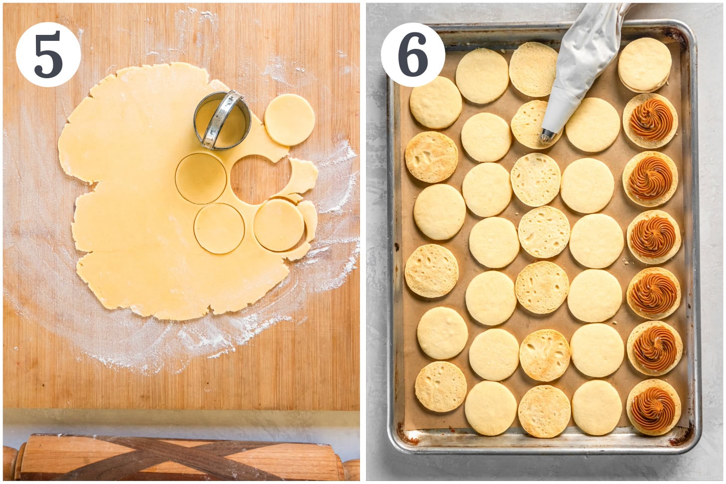 photo collage demonstrating how to cut out cookie dough and fill baked cookies with dulce de leche.