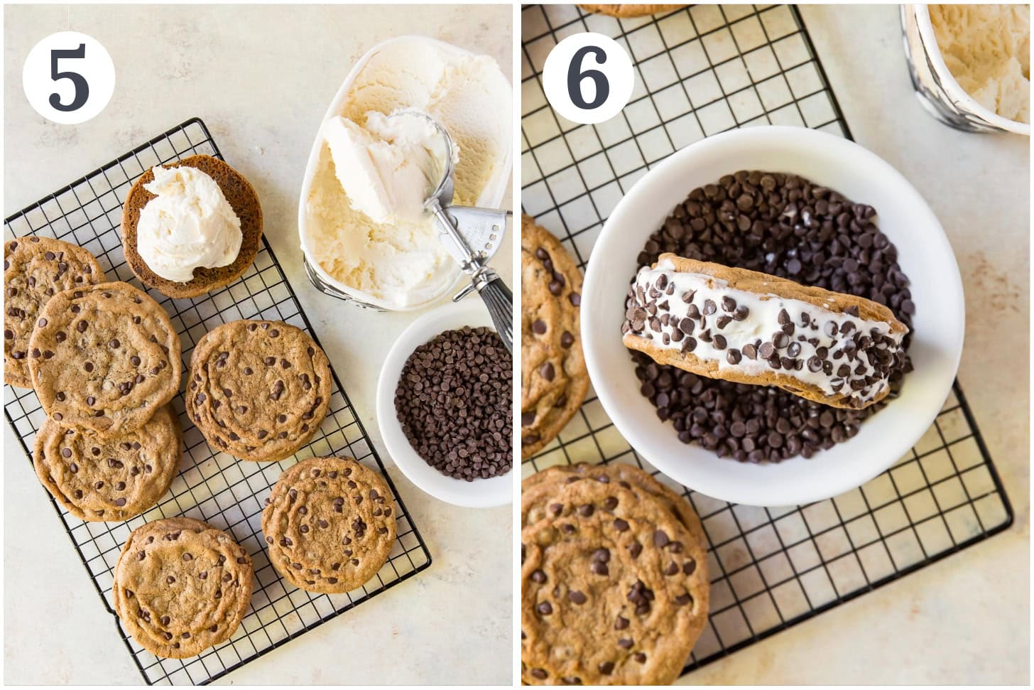 photo collage demonstrating how to assemble cookie ice cream sandwiches with vanilla ice cream and mini chocolate chips.