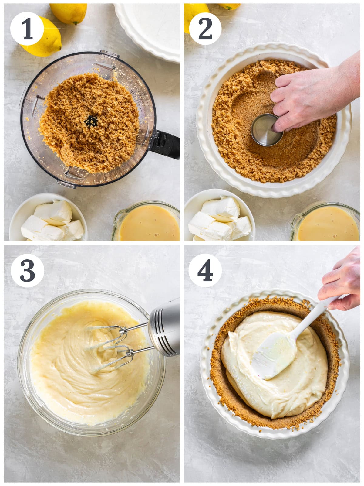 photo collage demonstrating how to make lemon icebox pie with graham cracker crust in a food processor and mixing bowl.