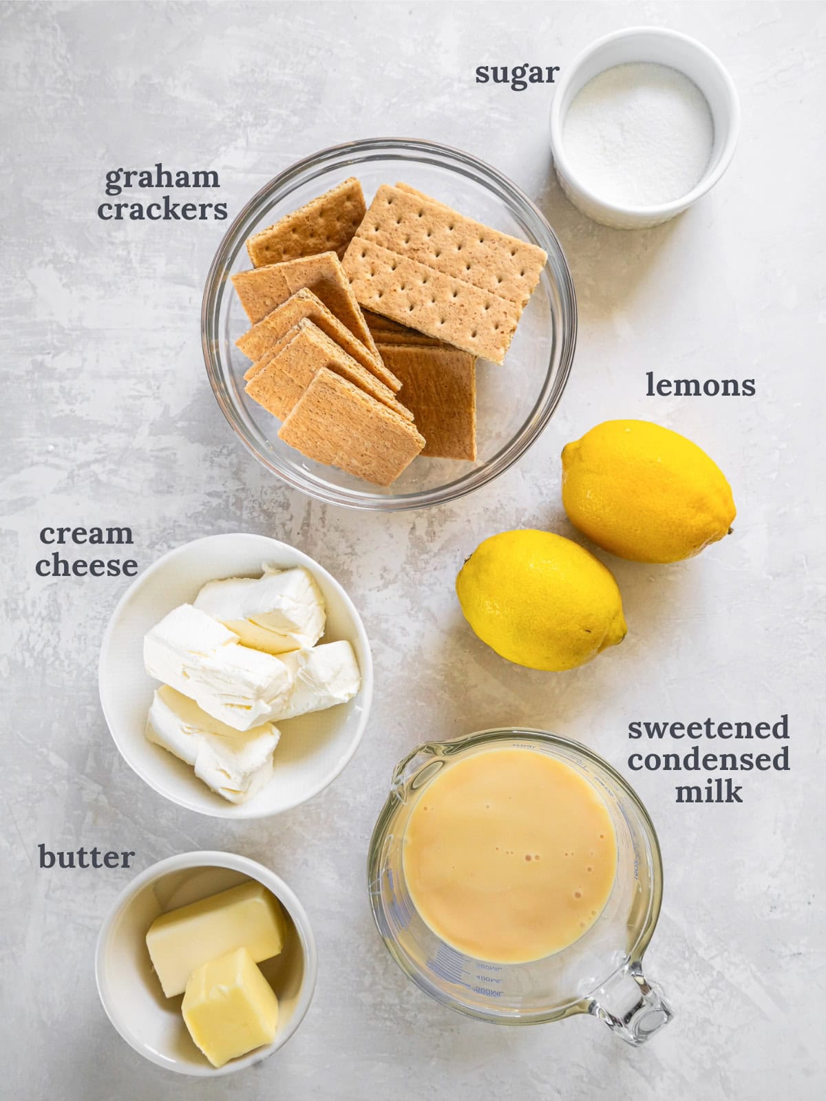 bowls of ingredients to make lemon icebox pie.