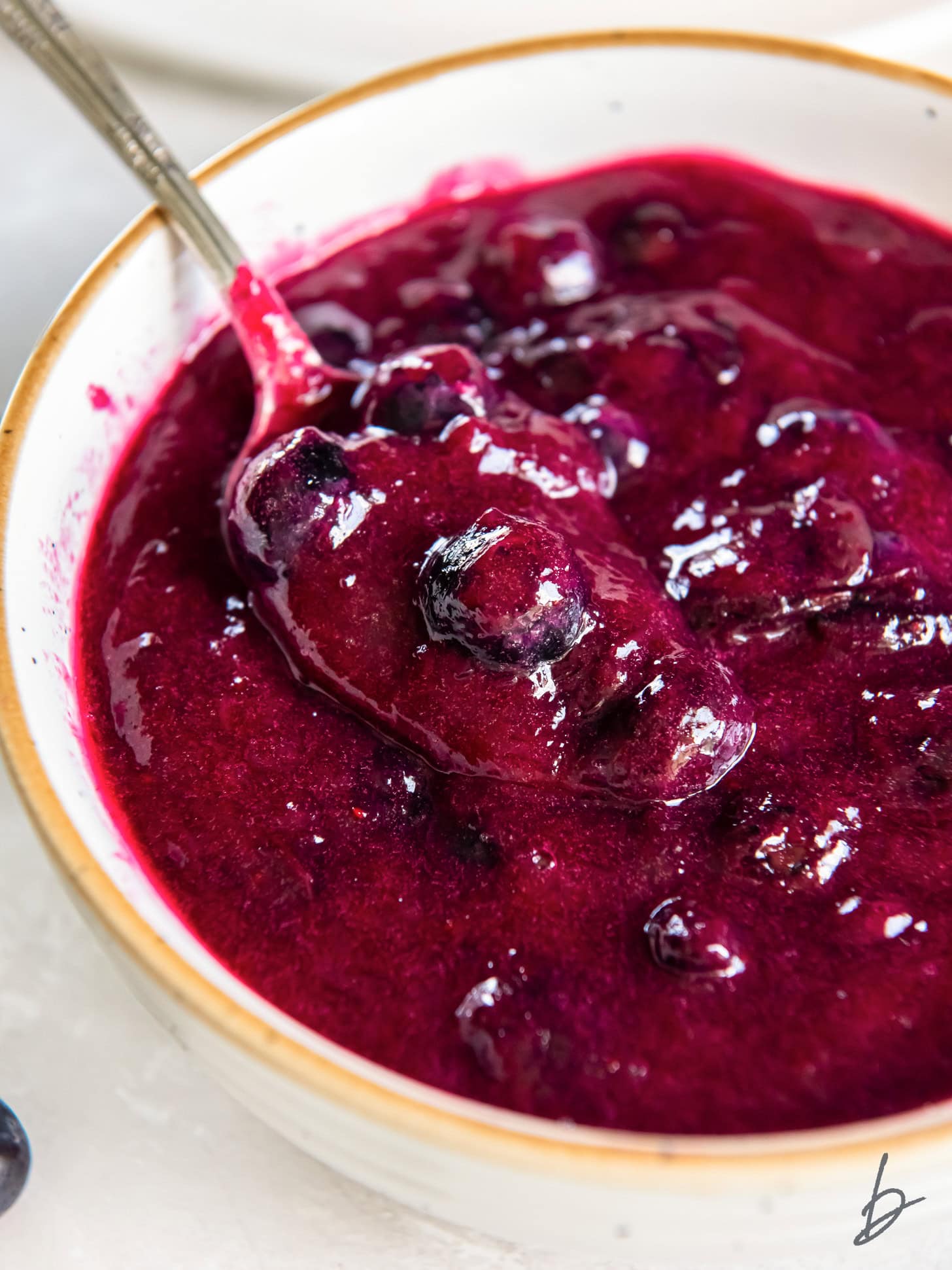 spoon holding blueberry sauce in a bowl.