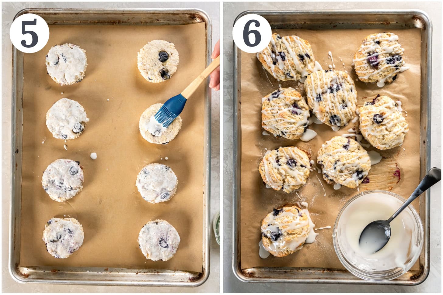 photo collage demonstrating how to brush blueberry scones with cream before baking, then add a lemon glaze after baking.