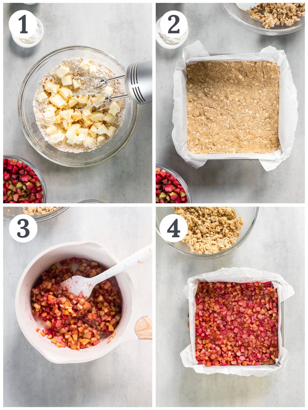 photo collage demonstrating how to make rhubarb crumble bars in a mixing bowl, 8x8 pan and medium saucepan.