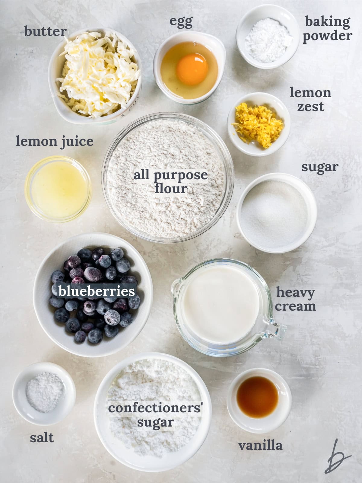 bowls of ingredients to make lemon blueberry scones.