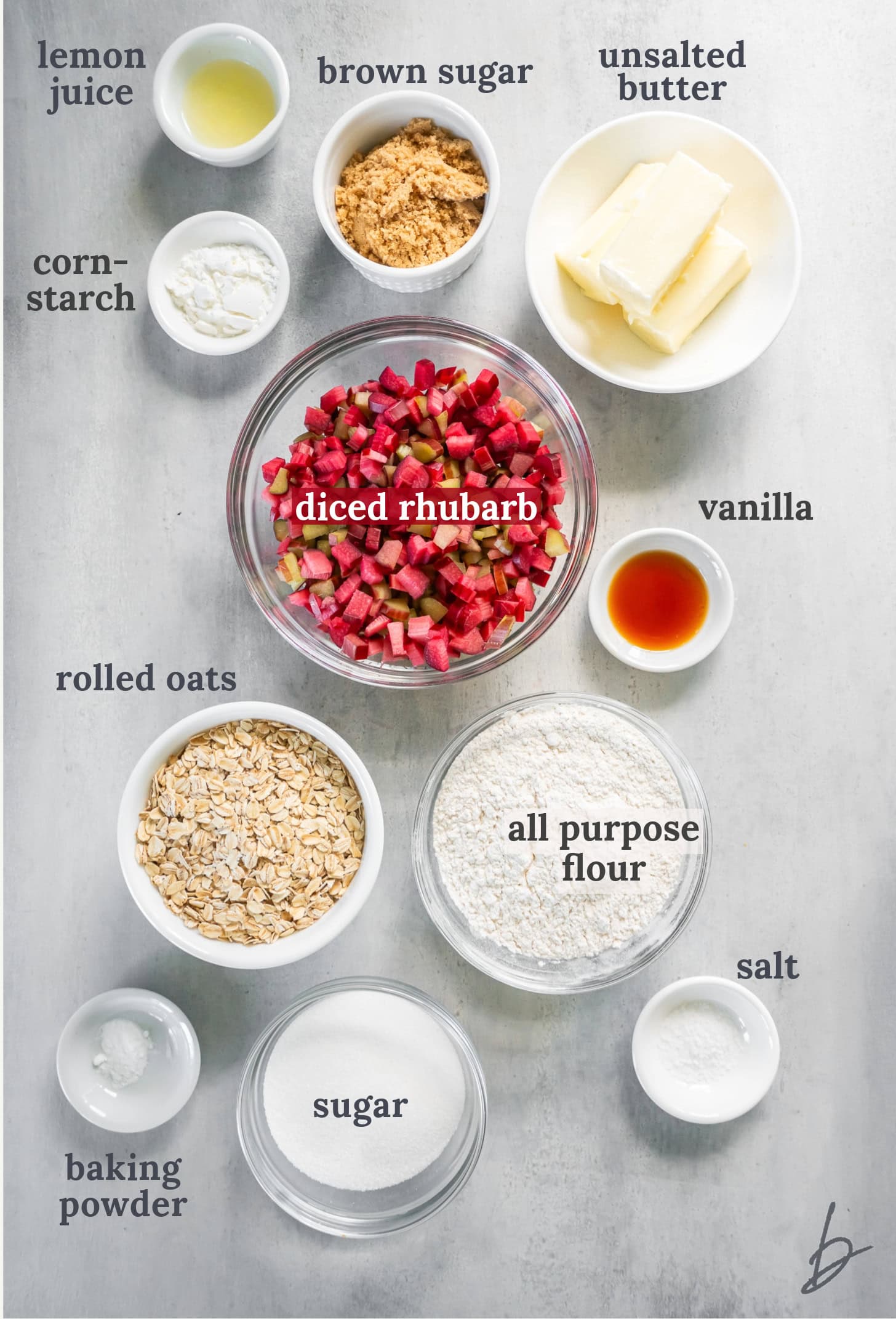 bowls of ingredients to make rhubarb crumble bars.