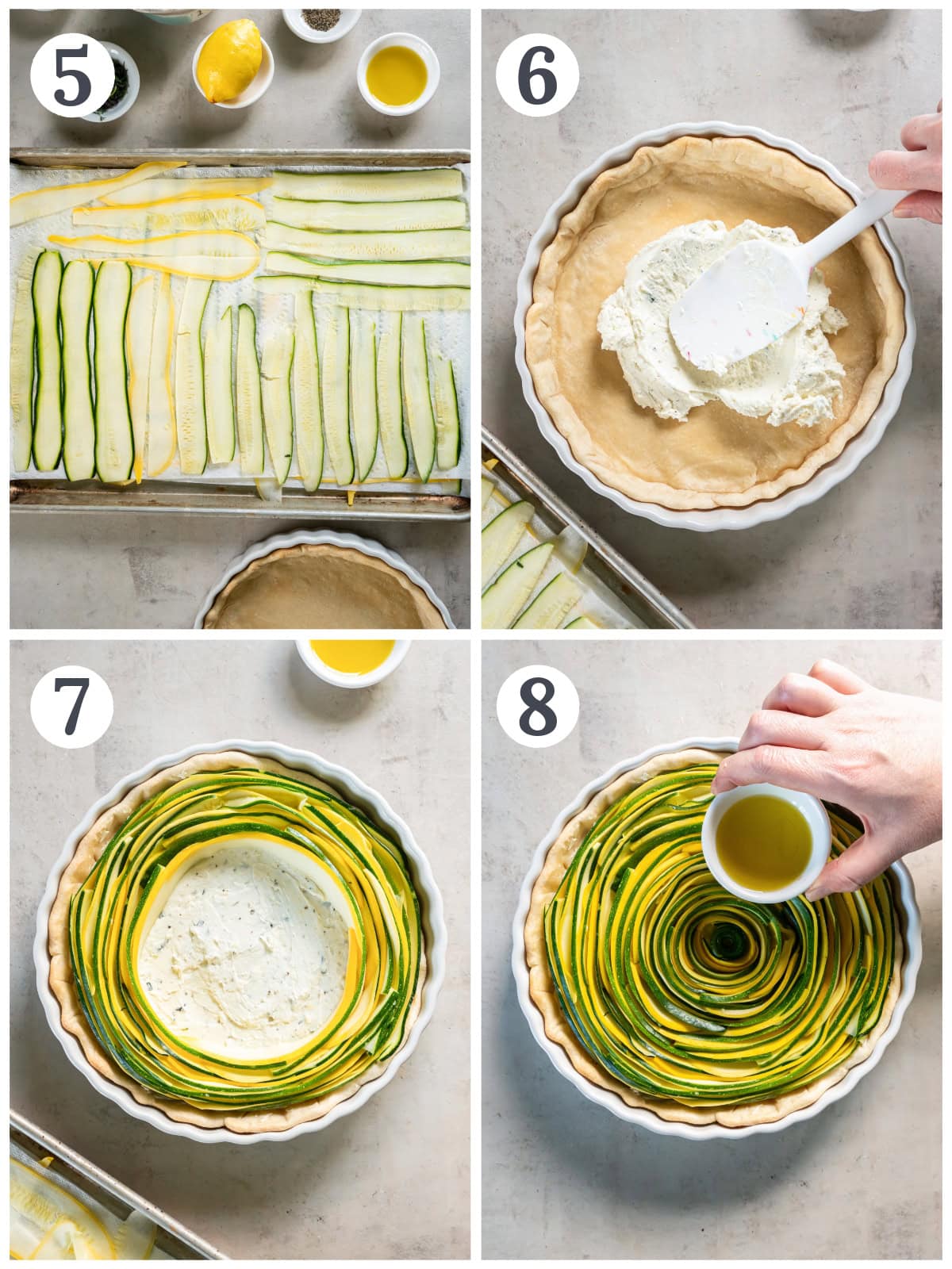 photo collage demonstrating how to assemble a zucchini tart with goat cheese.
