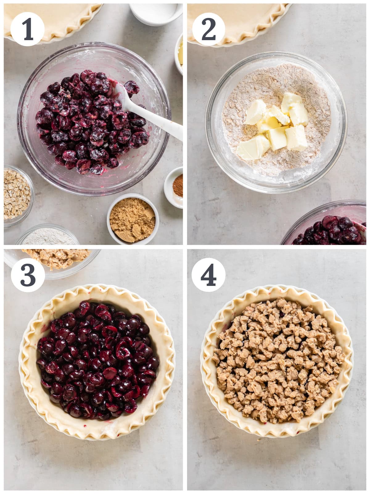 photo collage demonstrating how to make cherry crumble pie.