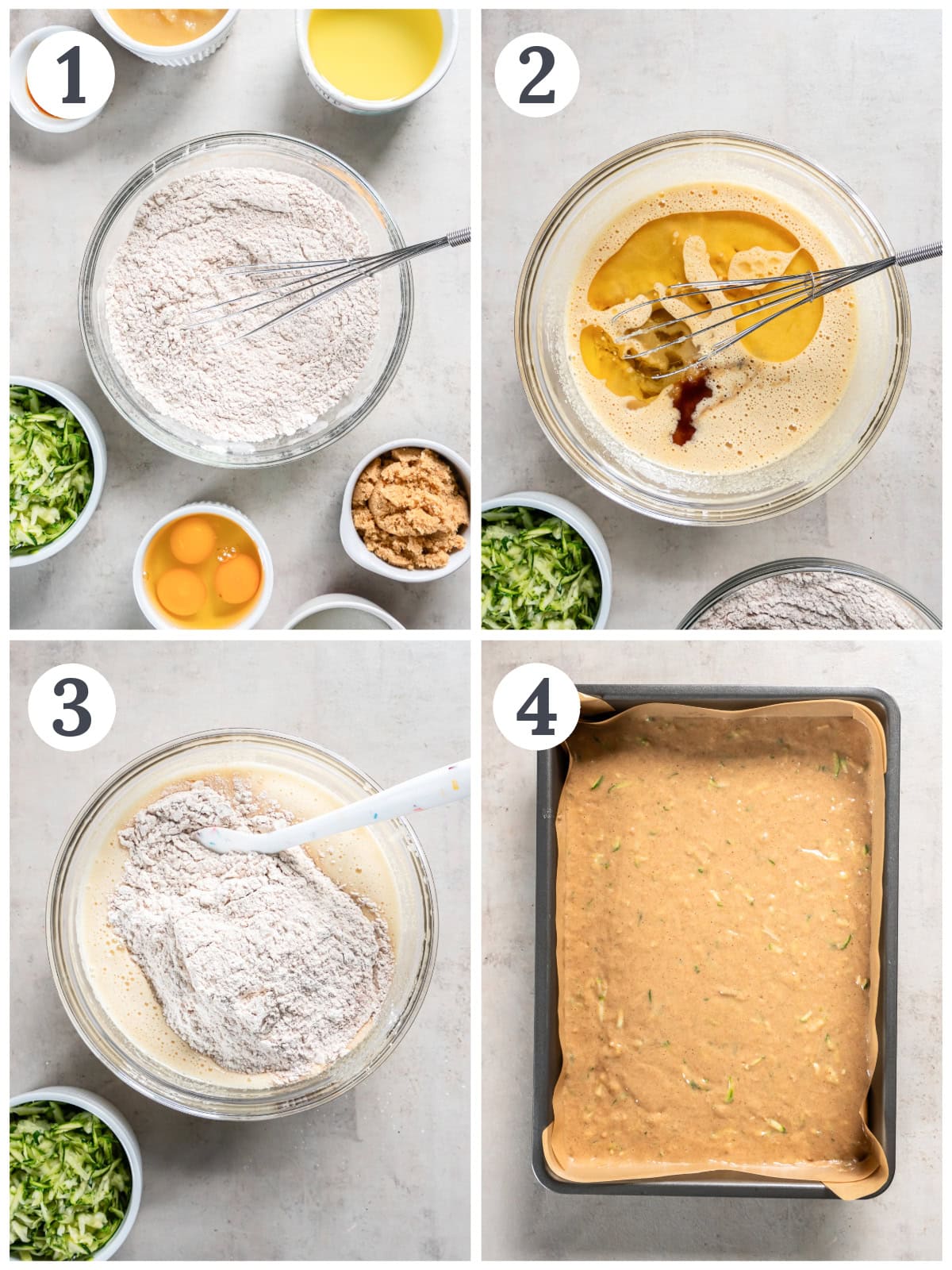 photo collage demonstrating how to make zucchini spice cake in a mixing bowl and 9x13 baking pan.