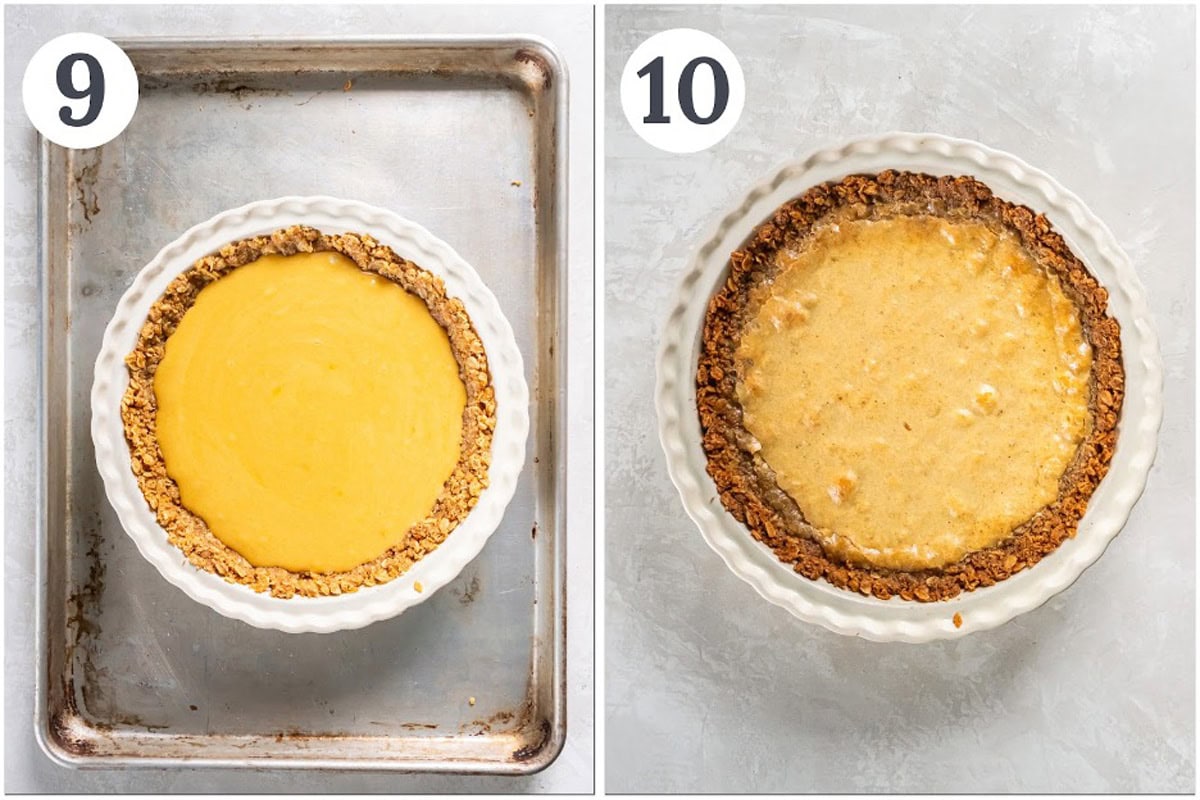 two photos showing before and after milk bar pie is baked.