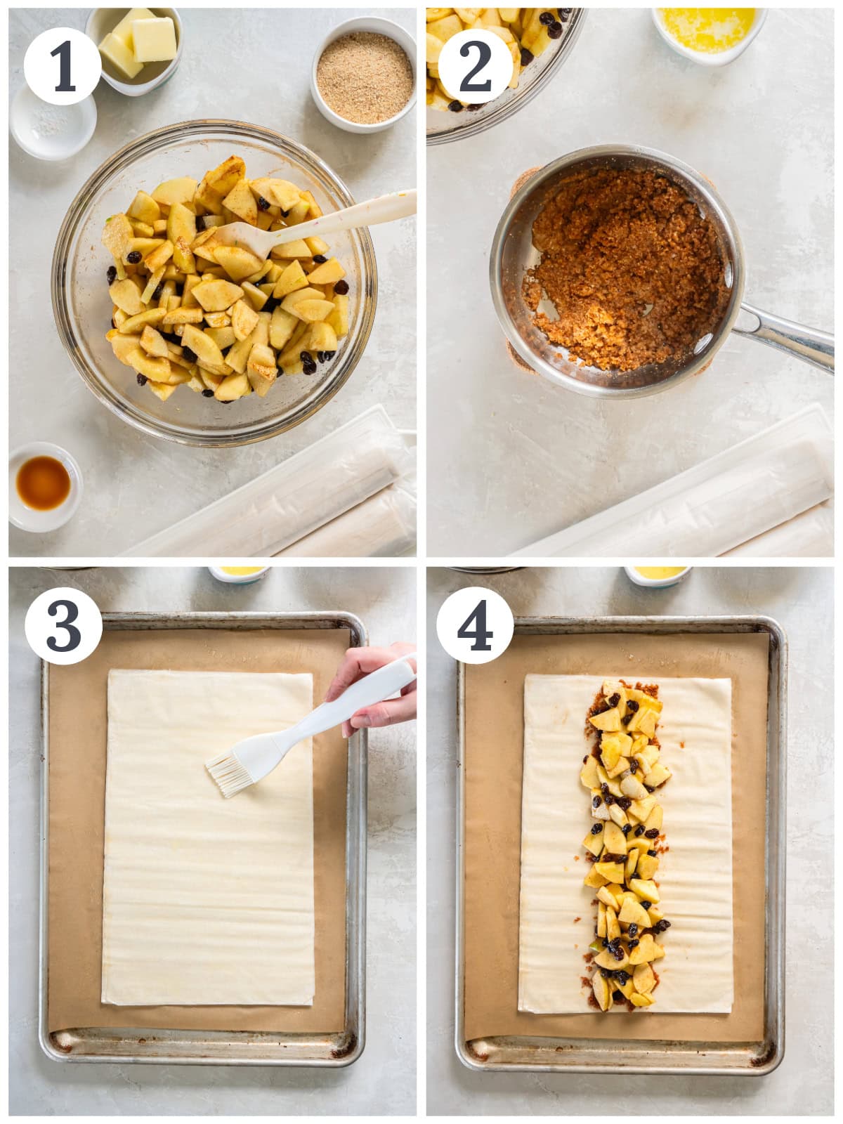 photo collage demonstrating how to make filling for apple strudel and assemble strudel in phyllo dough.