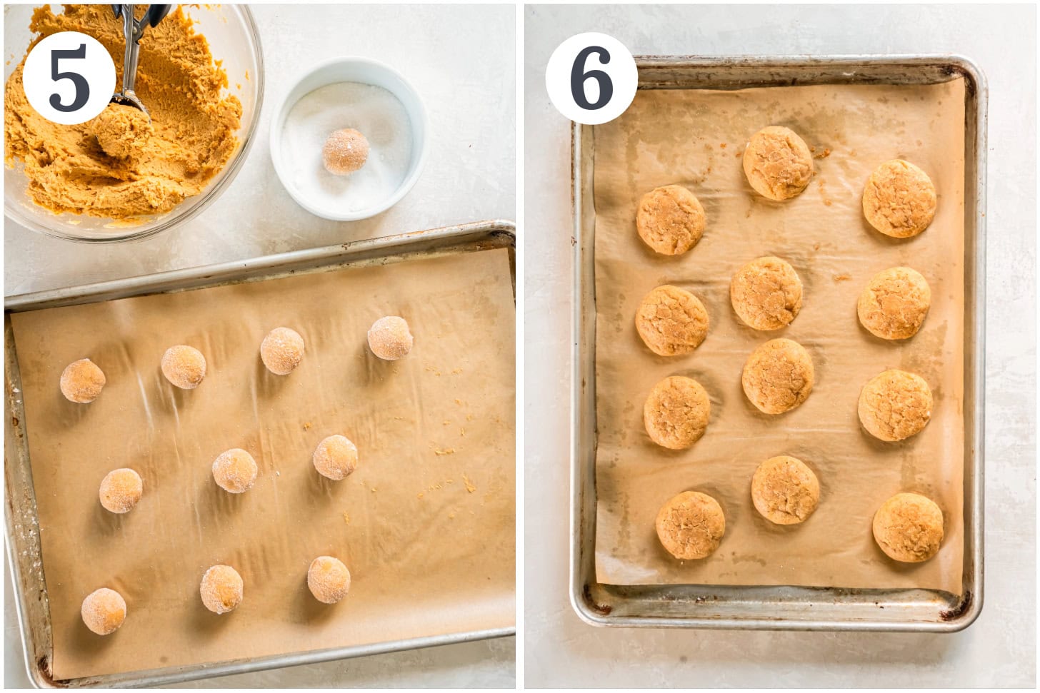 photo collage showing pumpkin spice sugar cookies on a baking sheet before and after baking.