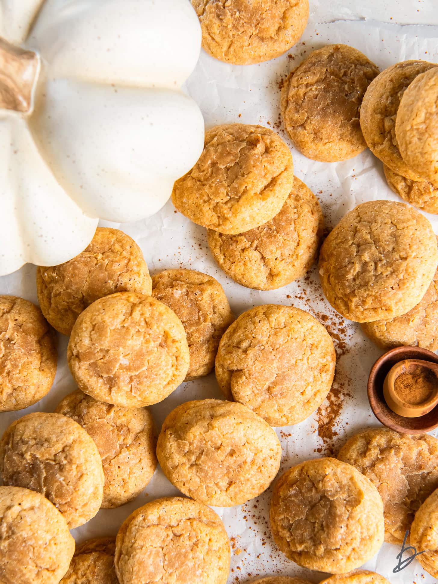 pumpkin spice sugar cookies on a tabletop next to a mini white pumpkin.
