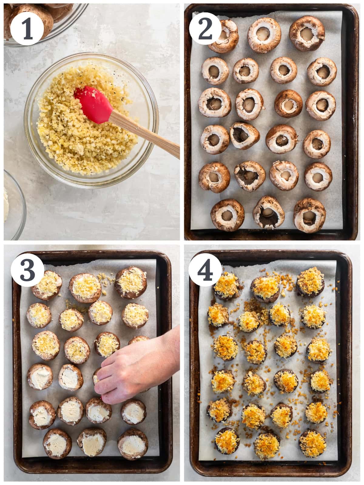 photo collage demonstrating how to assemble boursin stuffed mushrooms with breadcrumb topping.