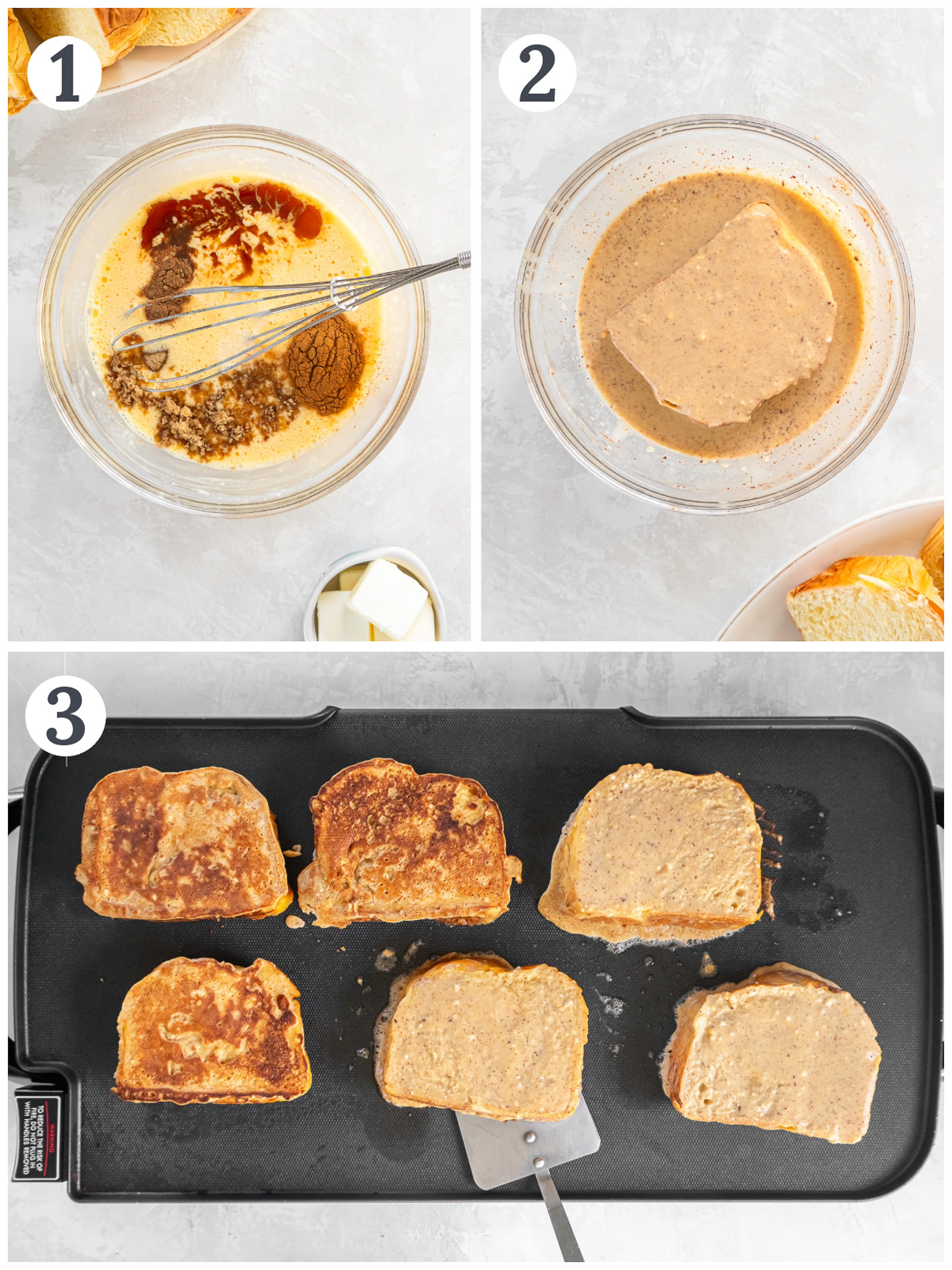 photo collage demonstrating the steps to make eggnog french toast in a mixing bowl and on a griddle.