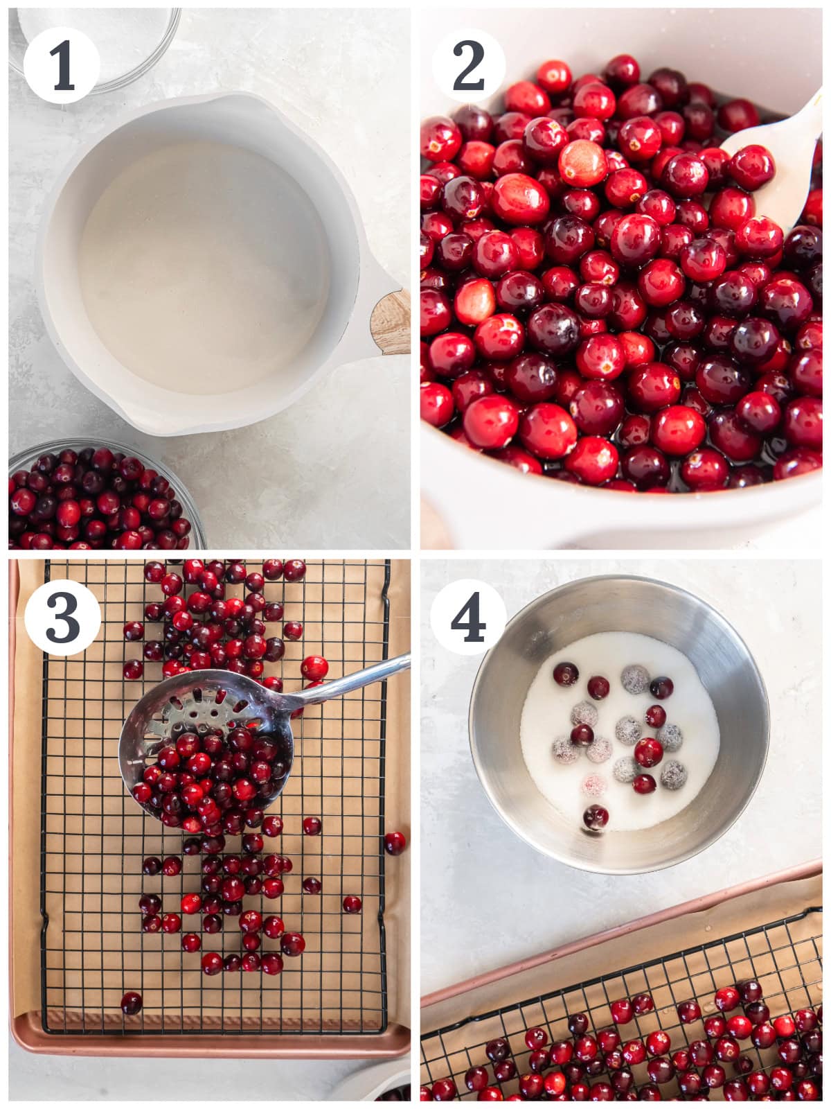 photo collage demonstrating how to make sugared cranberries with simple syrup in a saucepan and wire rack over baking sheet to dry berries.