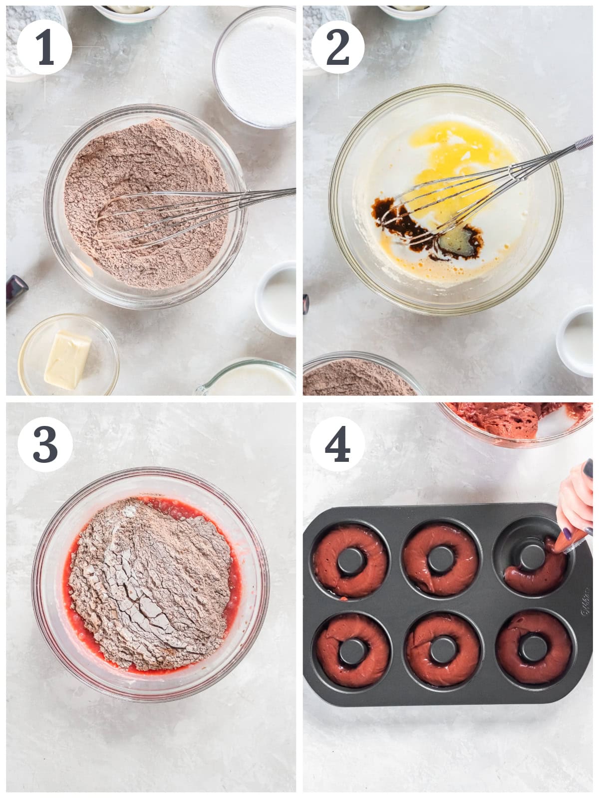 photo collage demonstrating how to make red velvet donuts in a mixing bowl and donut tin.