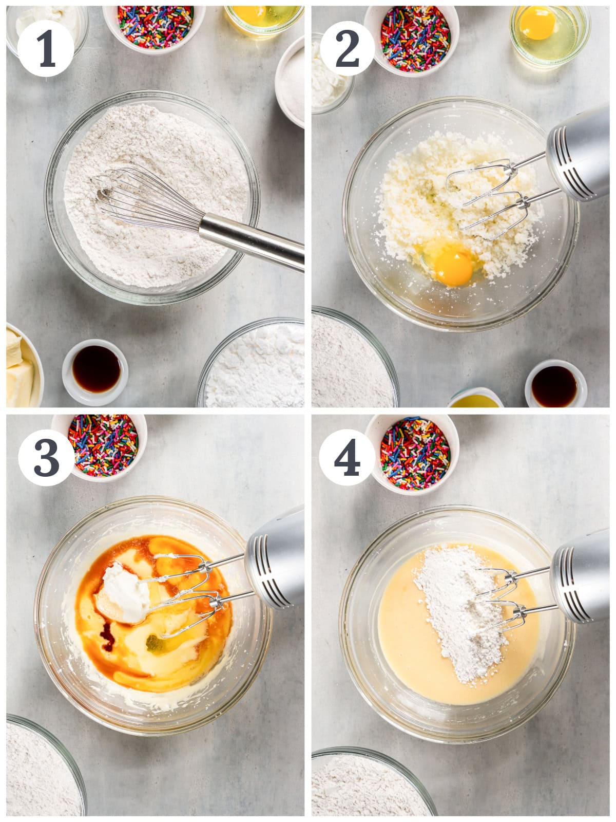 photo collage demonstrating how to make funfetti cupcake batter in a mixing bowl with an electric mixer.