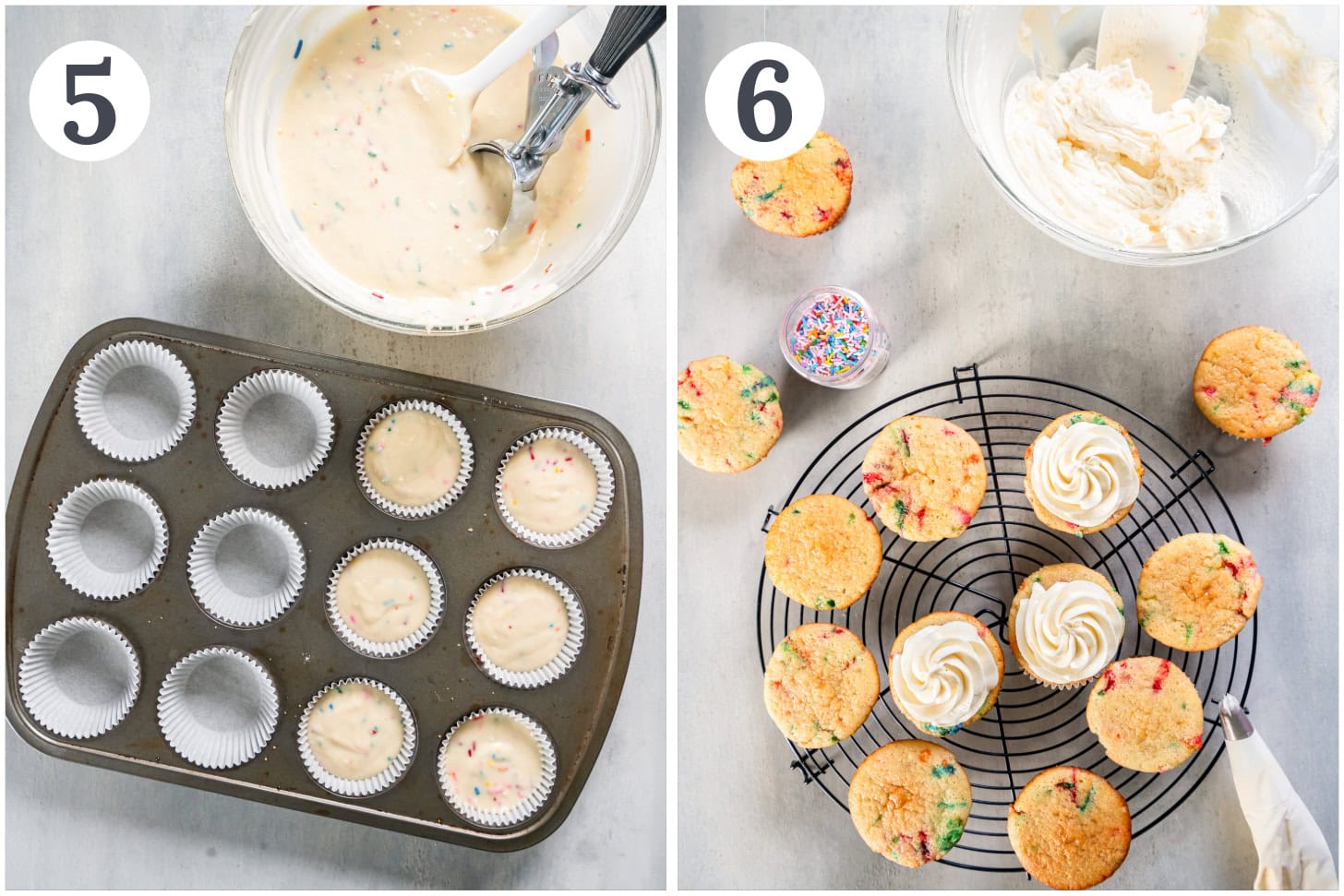 photo collage demonstrating how to bake funfetti cupcakes in a muffin tin and top with buttercream frosting.