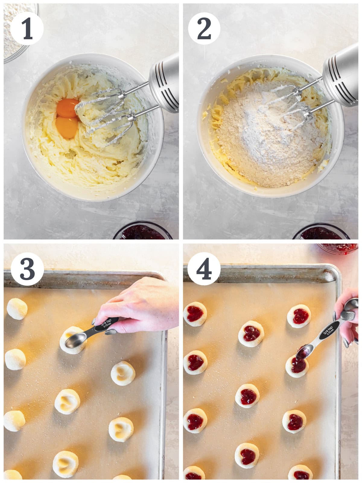 photo collage demonstrating how to make shortbread dough for thumbprint cookies then make heart-shaped thumbprints filled with jam.