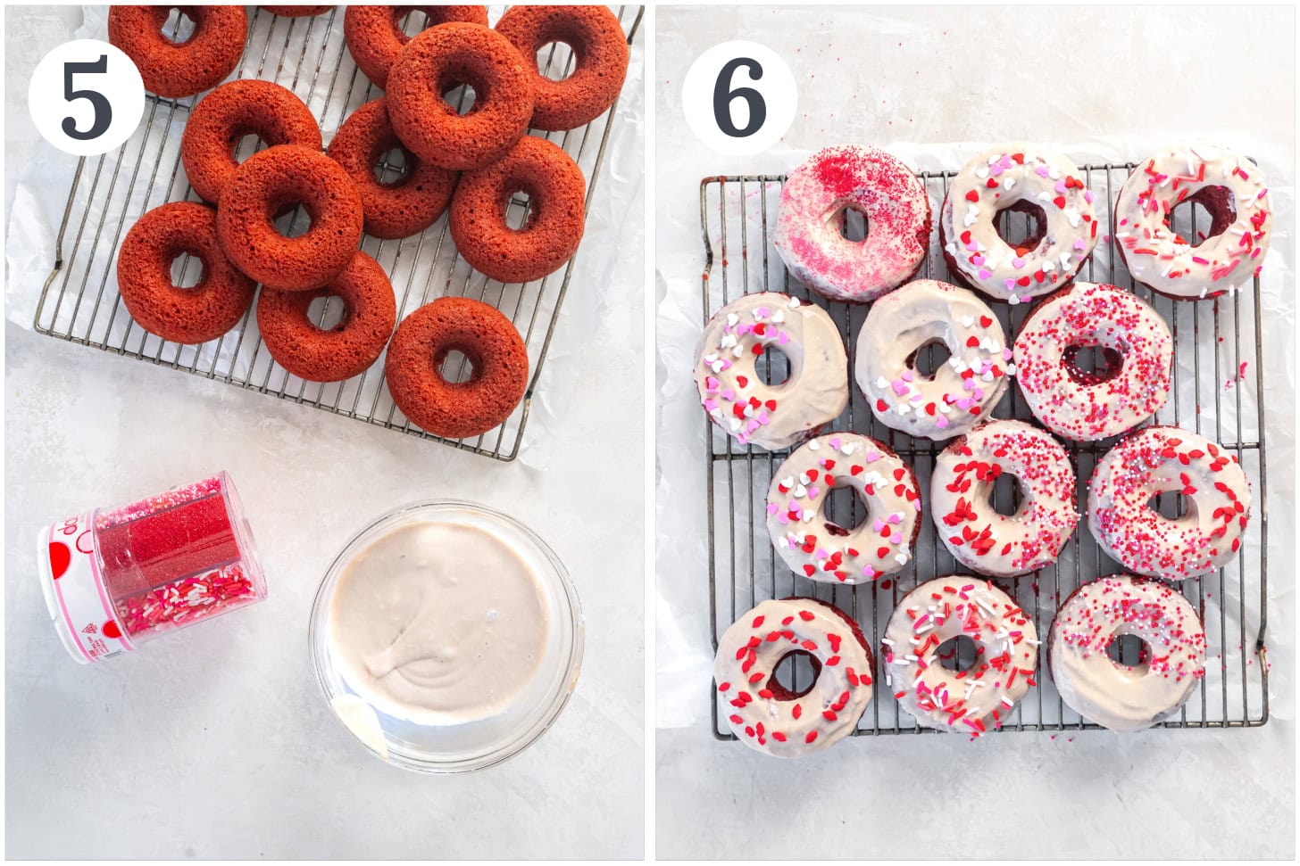 photo collage demonstrating how to make cream cheese icing for red velvet donuts and decorate the donuts.