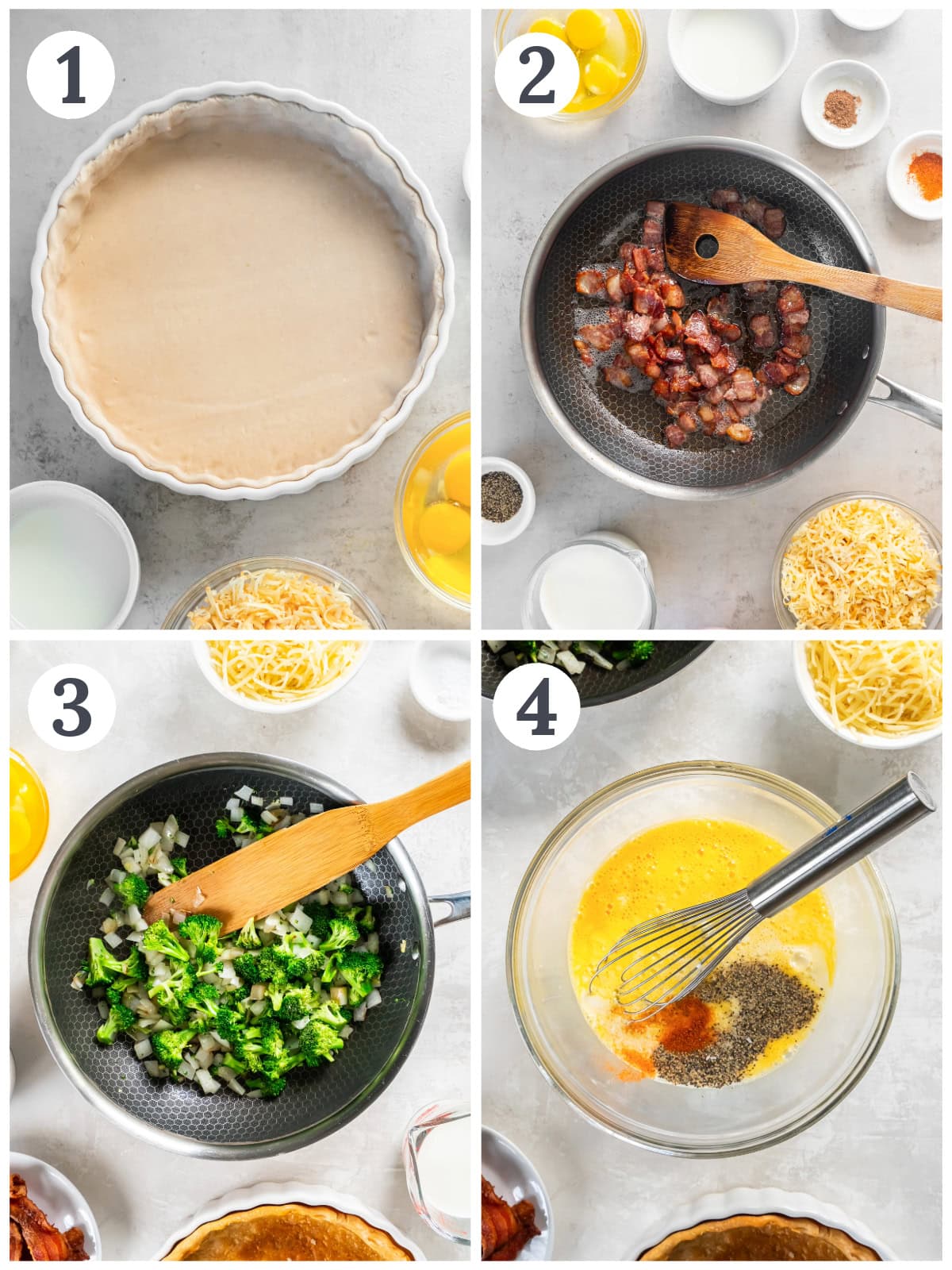 photo collage demonstrating how to prebake a qiche crust and cook bacon and broccoli for filling.