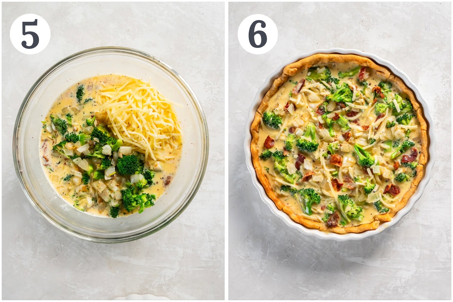 photo collage showing how to combine broccoli quiche filling ingredients and add it to the prebaked crust.