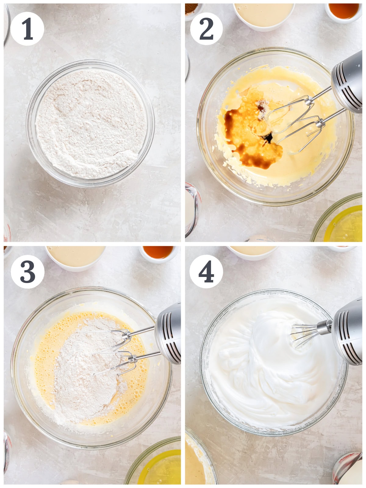 photo collage demonstrating how to make batter for tres leches cupcakes.