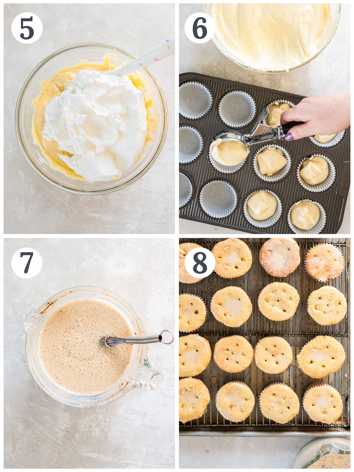 photo collage demonstrating how to fold whipped egg whites intro tres leches cupcake batter and make milk mixture to soak cupcakes.