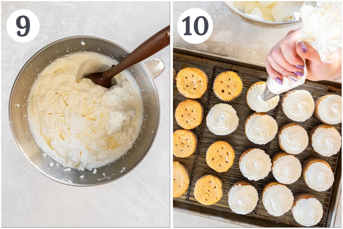photo collage demonstrating how to make whipped topping and garnish tres leches cupcakes.