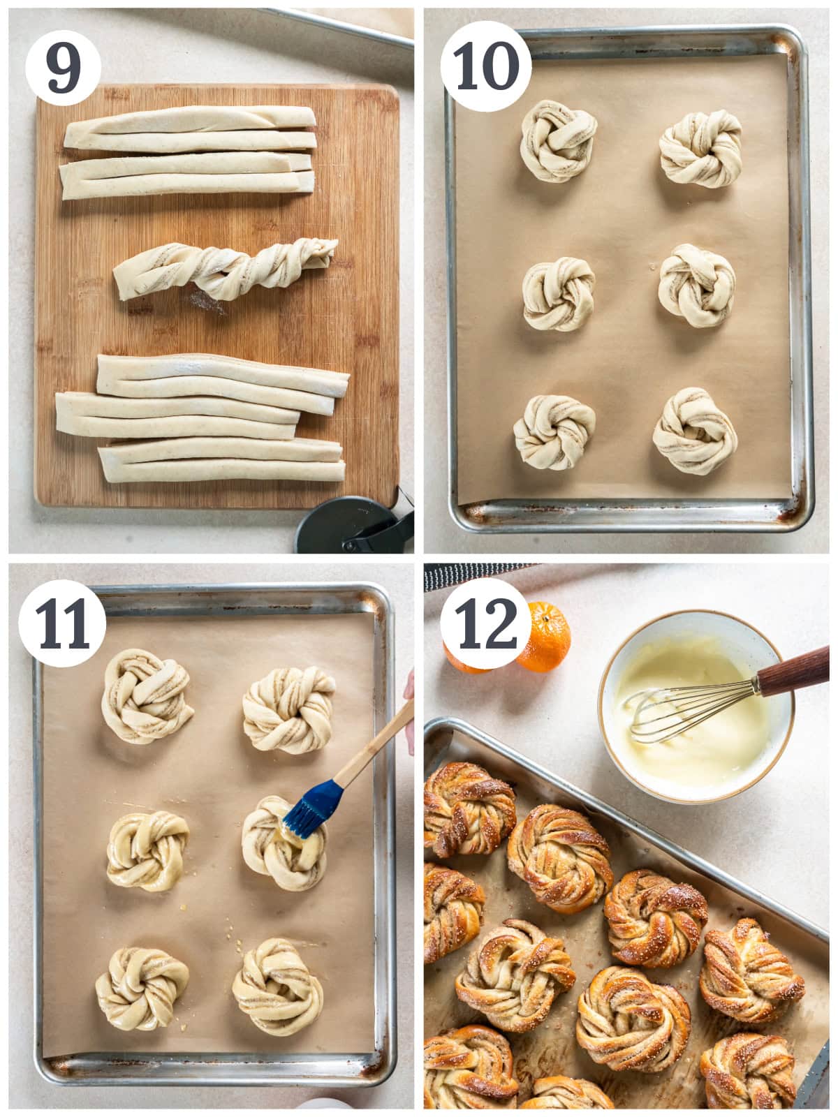 Showing twisting dough and adding glaze to rolls.