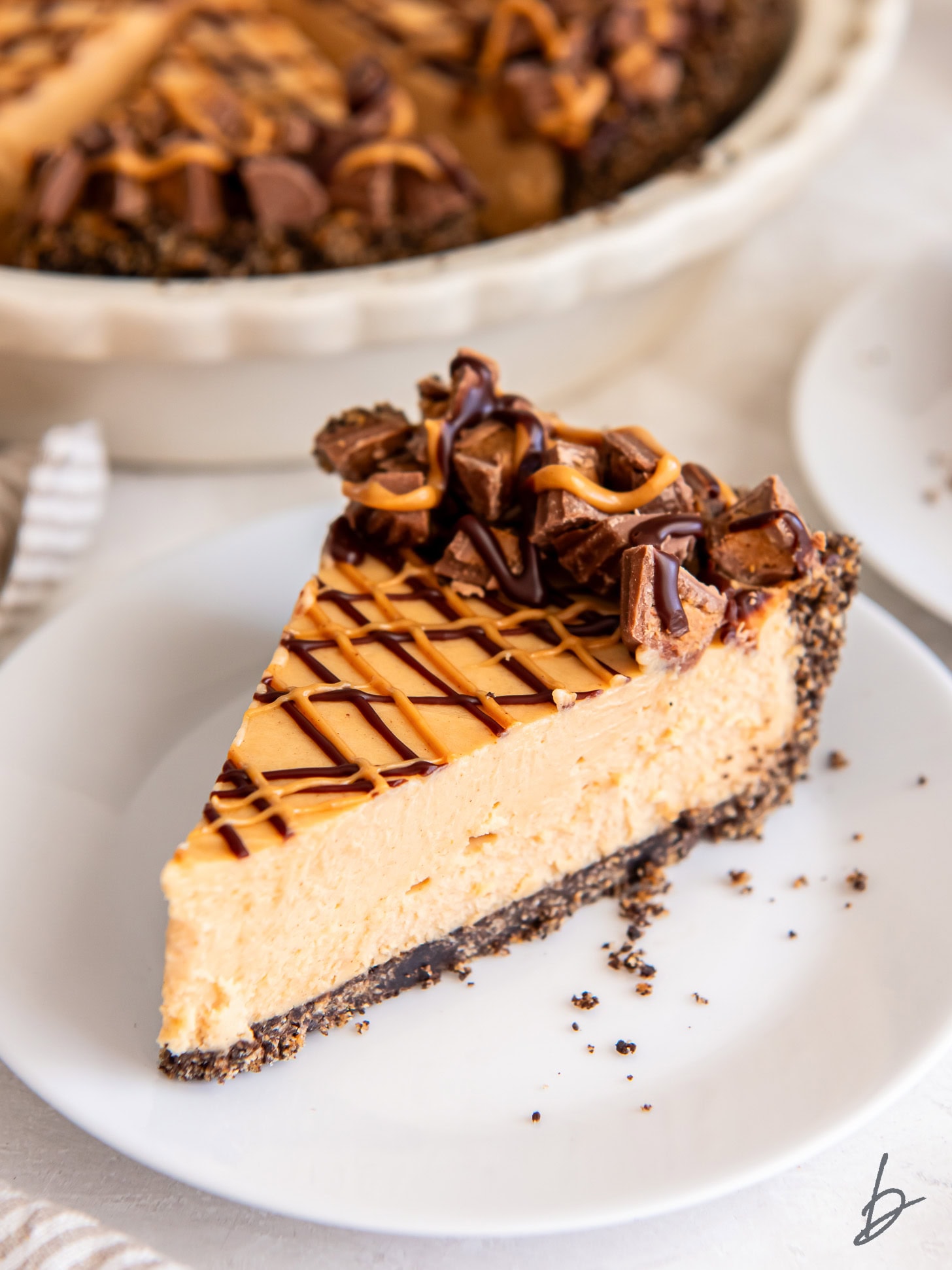 Slice of peanut butter pie on a white plate.