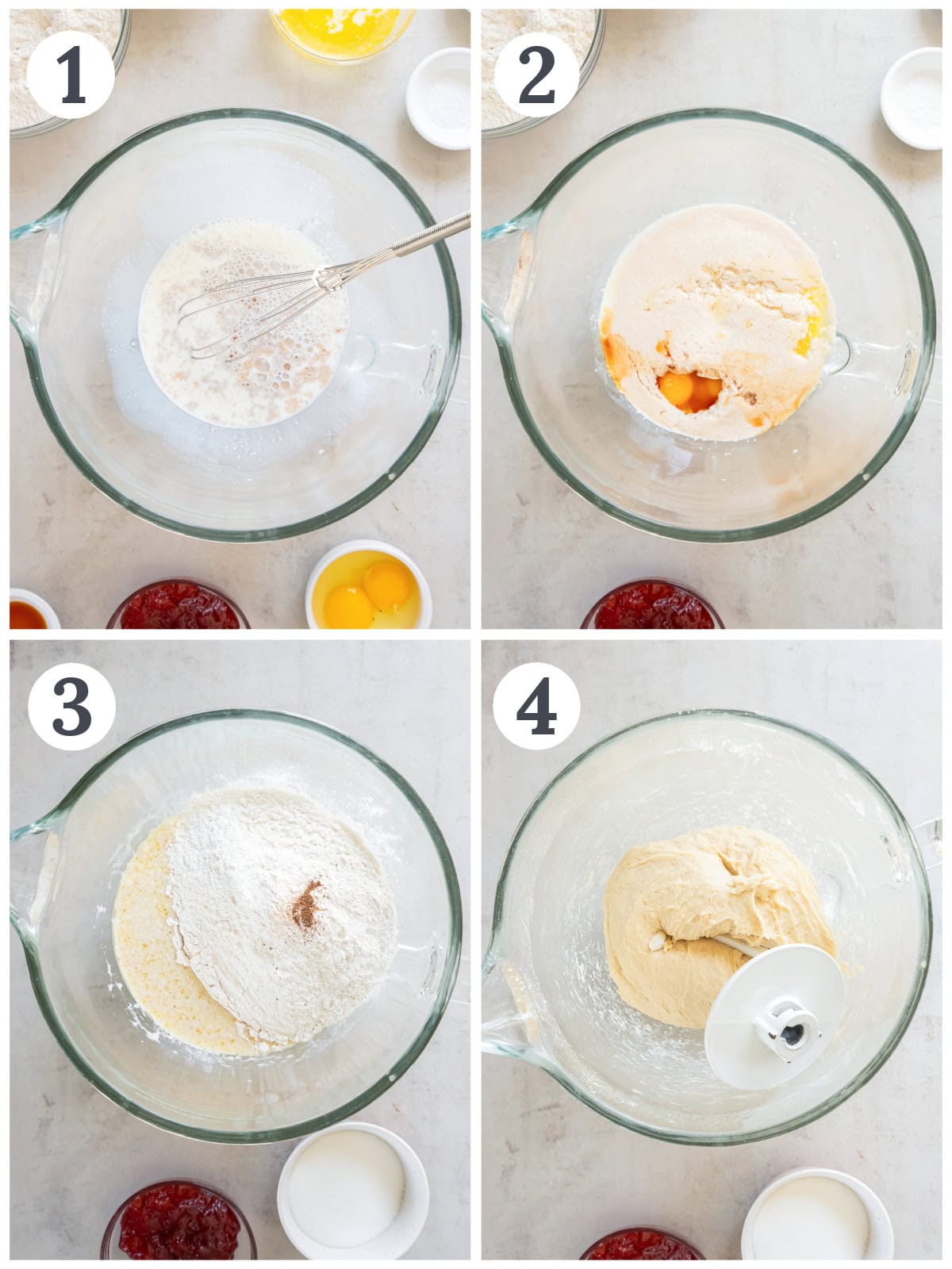 photo collage demonstrating how to make dough for jelly donuts in the bowl of a stand mixer.