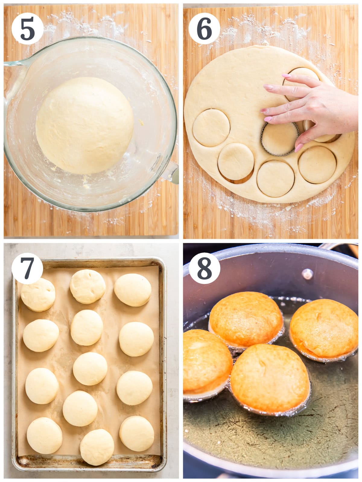 photo collage demonstrating how to let dough rise, cut dough and fry donuts in oil.