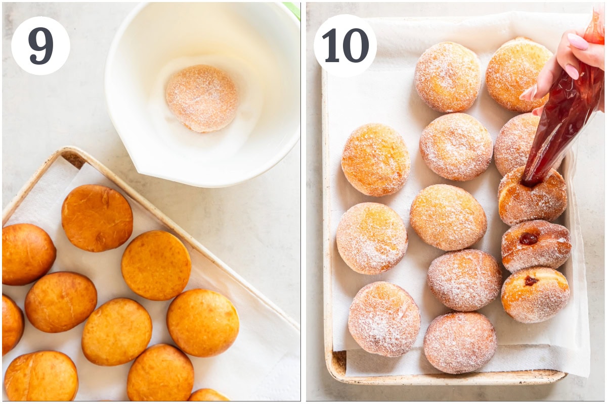 photo collage demonstrating how to coat donuts in sugar and fill donuts with jelly.