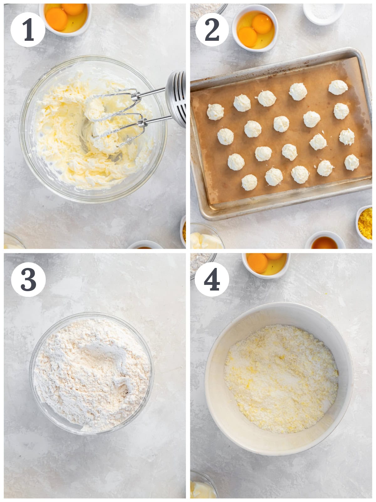 photo collage demonstrating how to make cheesecake filling for lemon cheesecake cookies and how to prepare dry ingredient for the cookie dough.